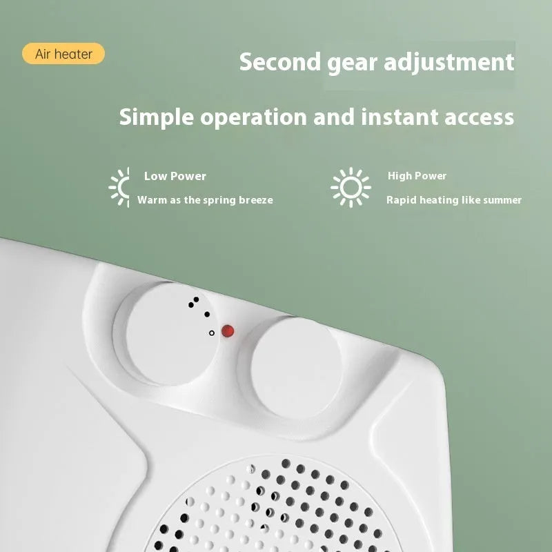 Compact white desktop electric heater with power settings and two-speed fan.