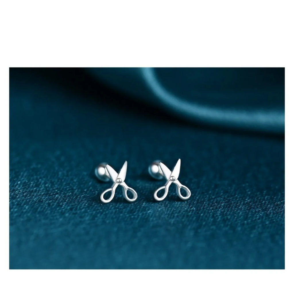 S999 pure silver screw style ear nail earrings with mini scissors screws decorative detail