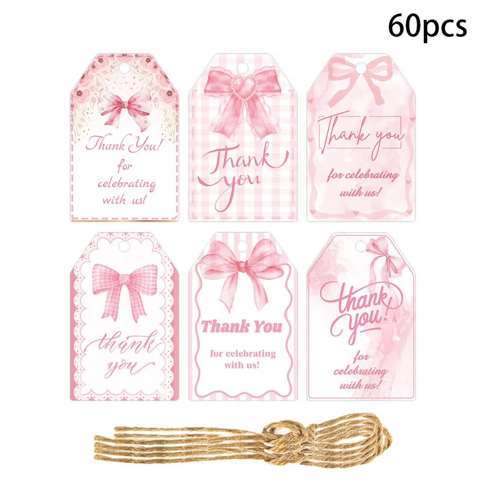 Set of 60 birthday gift tags with bowknot designs and natural hemp rope in three style variations