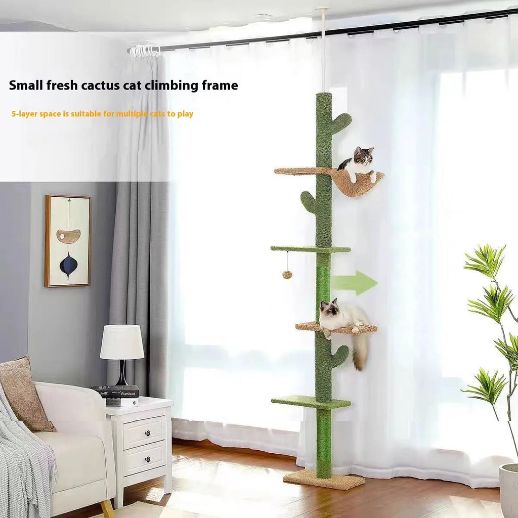 Tall solid wood cat climbing frame with integrated cat nest, scratch board, and hanging toy