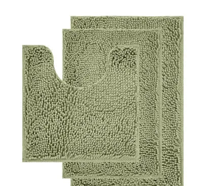 Chenille U-shaped three-piece bathroom carpet set in green beside a toilet.