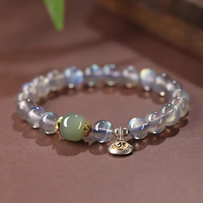 Moonstone crystal women's bracelet with 8mm Thousand-Hand Kwan-yin mouse zodiac charm