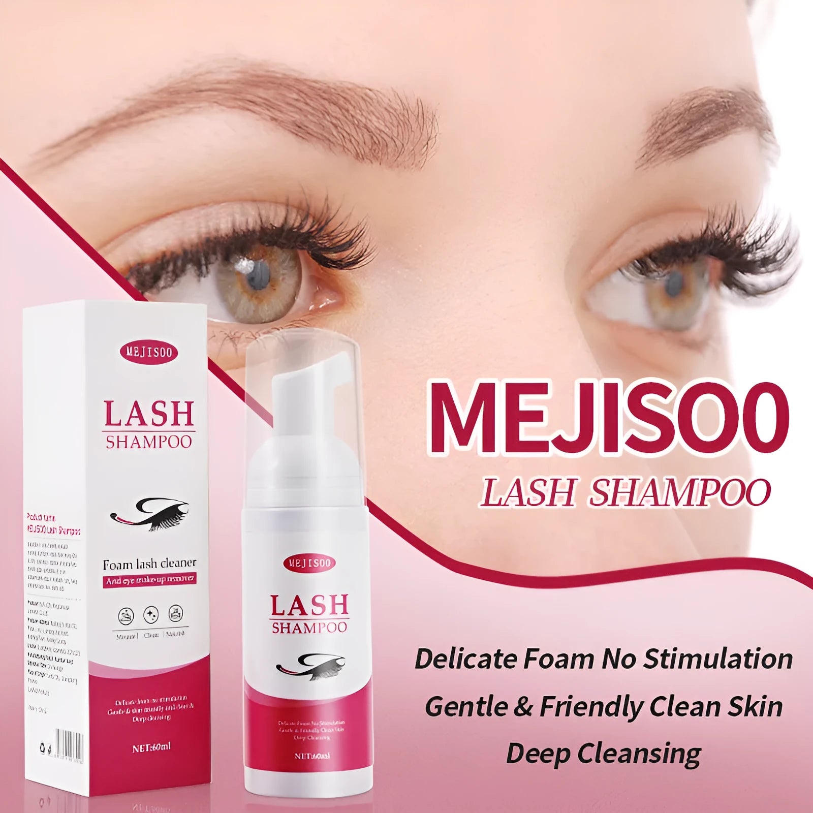 60ml bottle of lash shampoo mousse eyelash cleaning solution with a pump dispenser.
