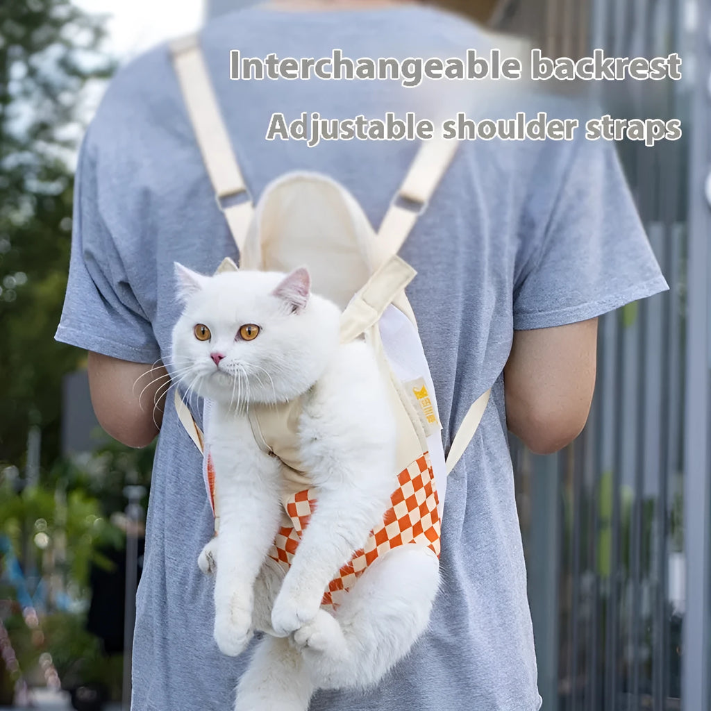 Soft polyester pet backpack with transparent window panel showing cat inside, front pocket, and adjustable straps