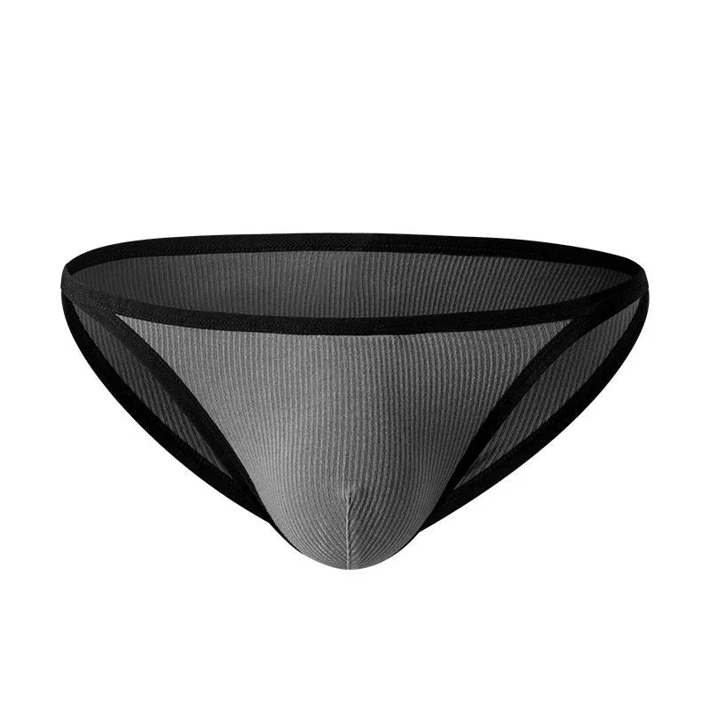 Men's low waist briefs in grey rib weave fabric showing narrow edge design and single layer construction