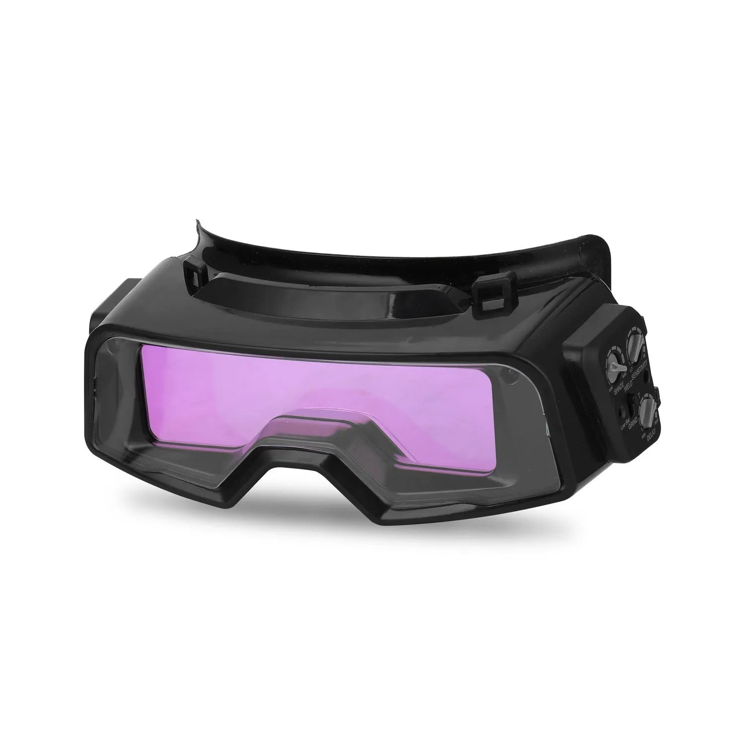 Black automatic darkening welding mask glasses with large rectangular lens for arc welding protection.
