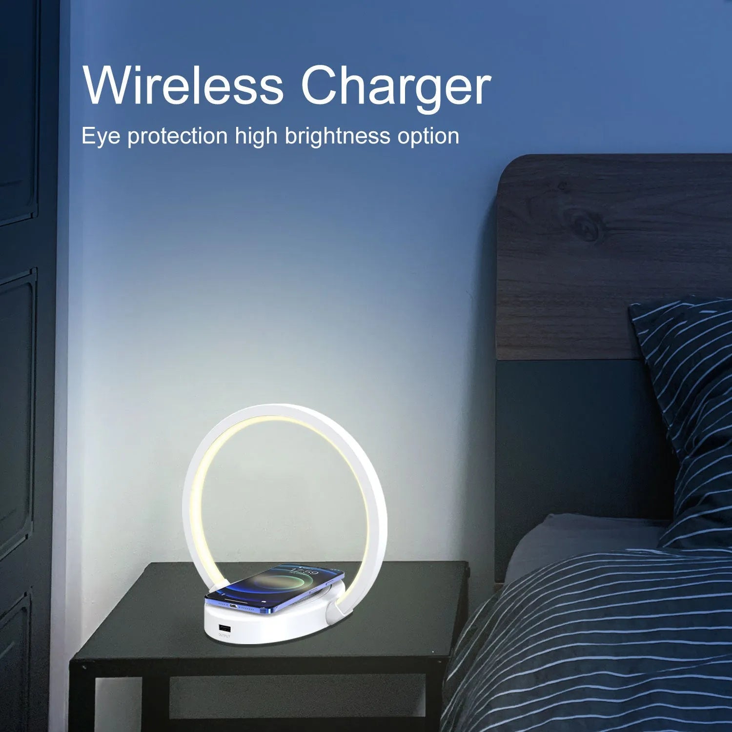 LED desk lamp with Bluetooth speaker, wireless charger, USB port, and adjustable arm in wood grain finish