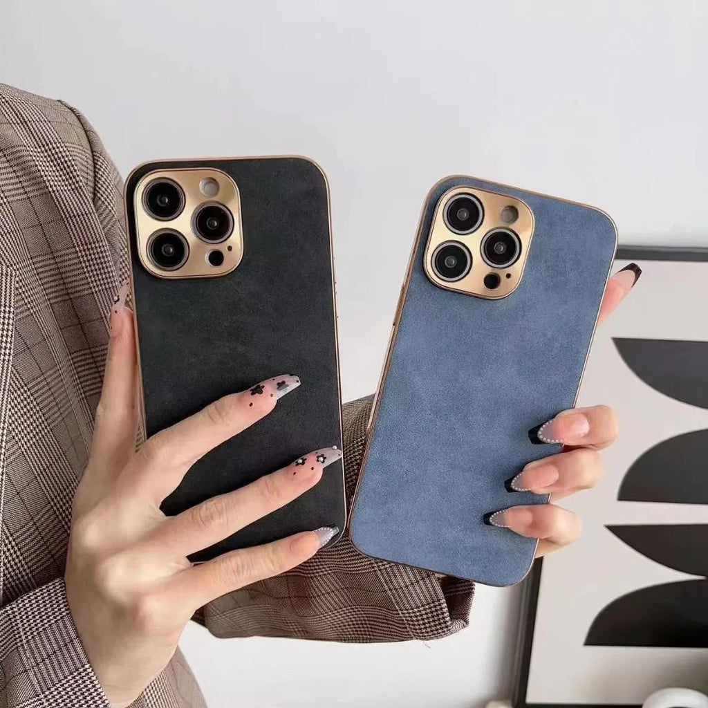 Leather texture grey TPU phone case fitted on an iPhone 14, showing textured back and slim profile.