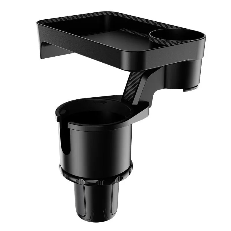 A black ABS plastic car-mounted rotating dinner tray holder inserted into a vehicle cup holder.