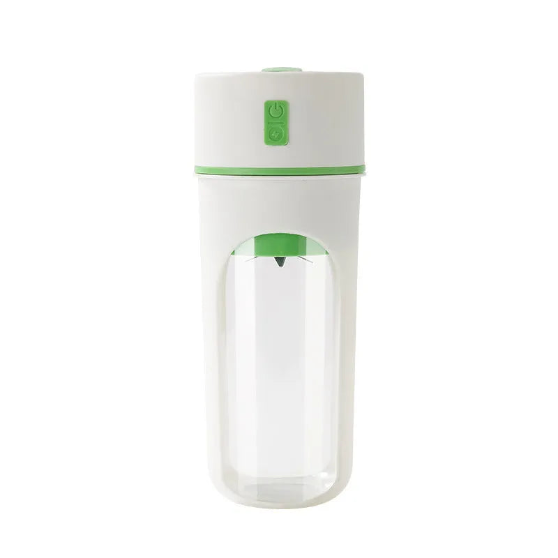 Blue portable USB rechargeable electric juicer and blender with 400ml cup on a kitchen counter.