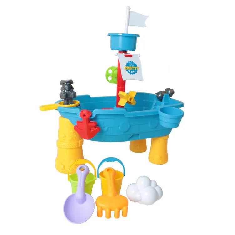 Children's 18-piece beach toy set with four-layer table in Beach Boat colours, plastic construction for water and sand play