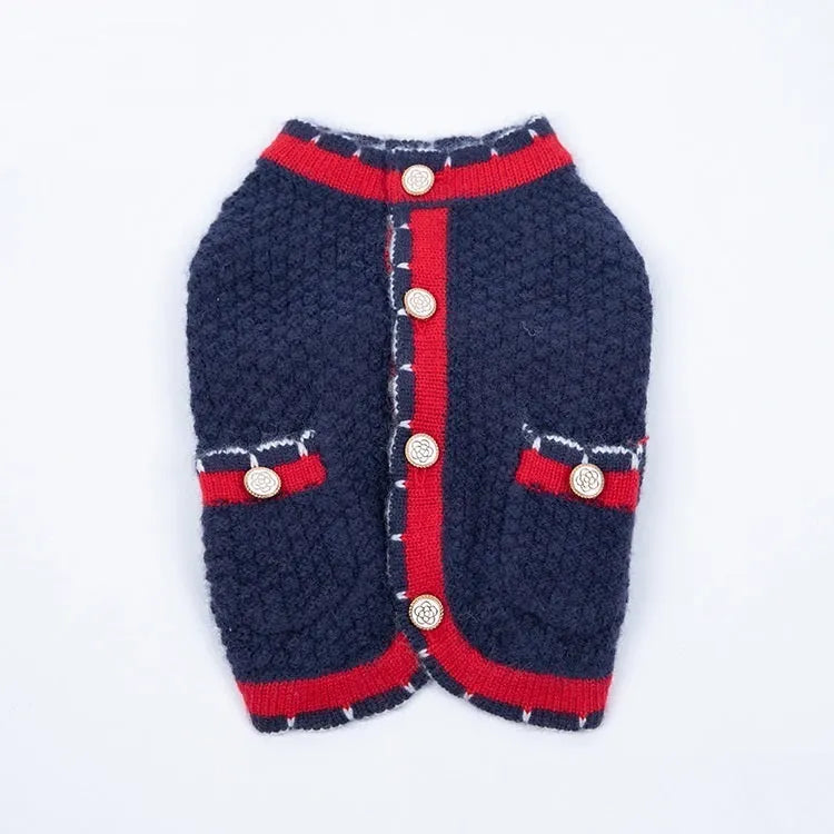 Blue knitted wool blend cardigan sweater for a dog, showing classic Bejirog style and cardigan opening.