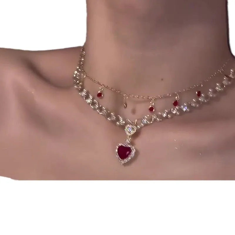 Red alloy double layer twin necklace with love heart pendant, adjustable 41-50cm length