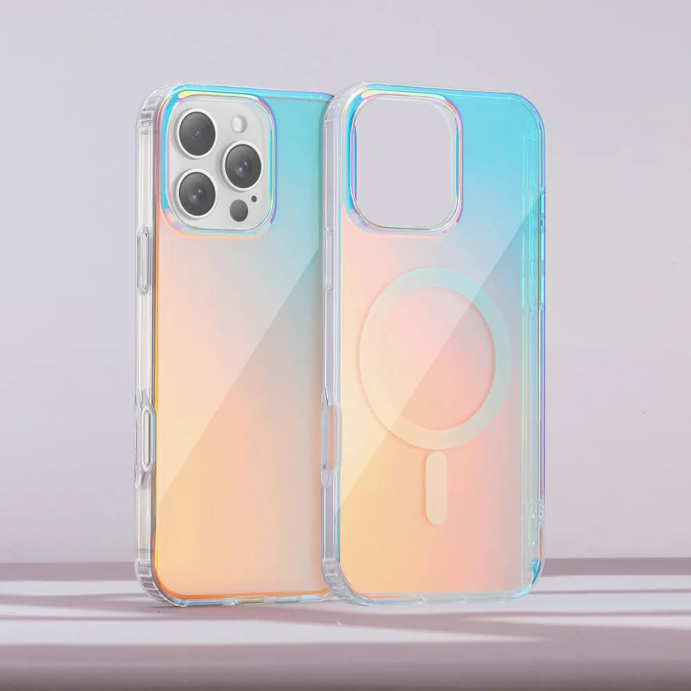 Glossy chameleon colour-changing magnetic suction case for iPhone on a white background.
