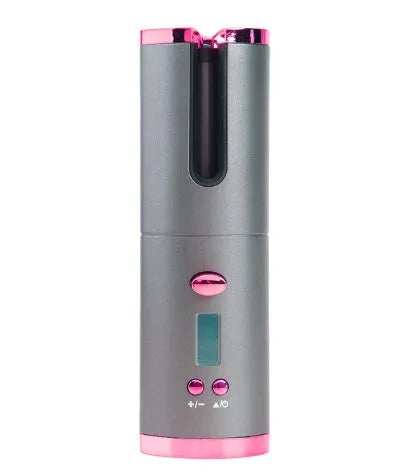 Pink rechargeable automatic hair curler with LCD screen and rotating ceramic barrel on a white background.