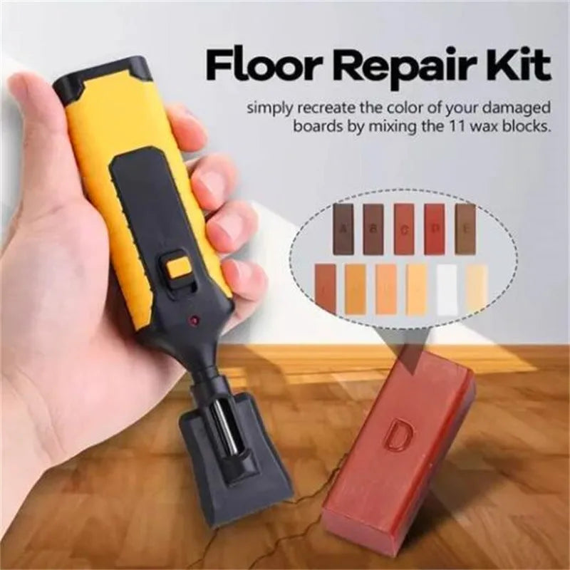 Floor repair tool with red or yellow handle and wax sticks for tile surface restoration