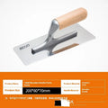 Stainless steel putty scraper with wooden handle showing three blade size options for decorative floor and wall work