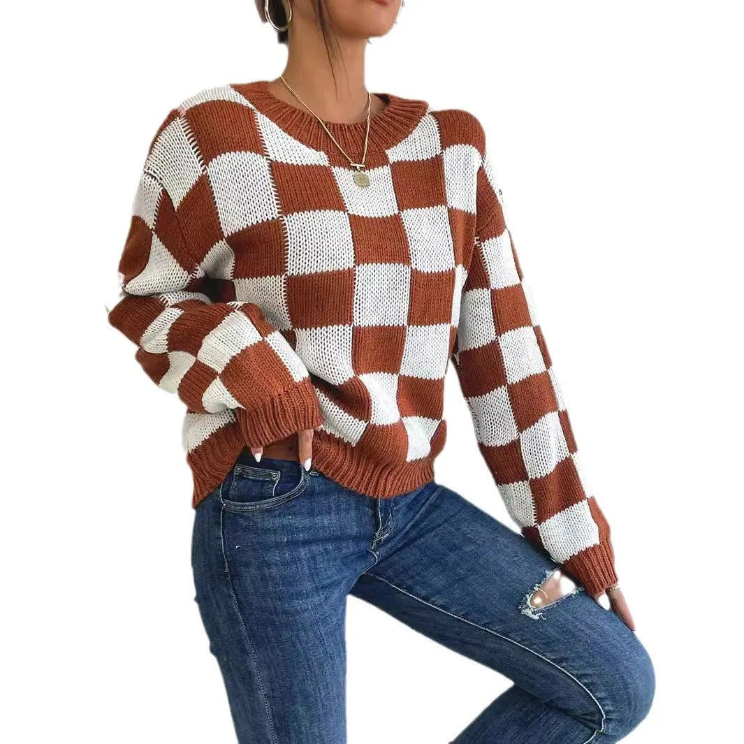 Dark brown acrylic pullover sweater with a chessboard plaid pattern, loose fit, and round neck.