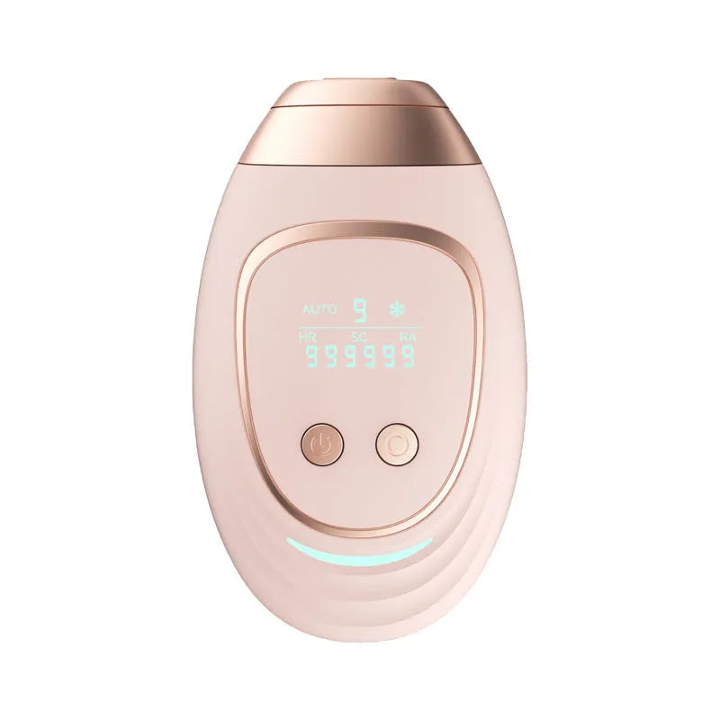 Pink and white three-in-one ice-sensing laser hair removal device with shaver attachment and safety glasses
