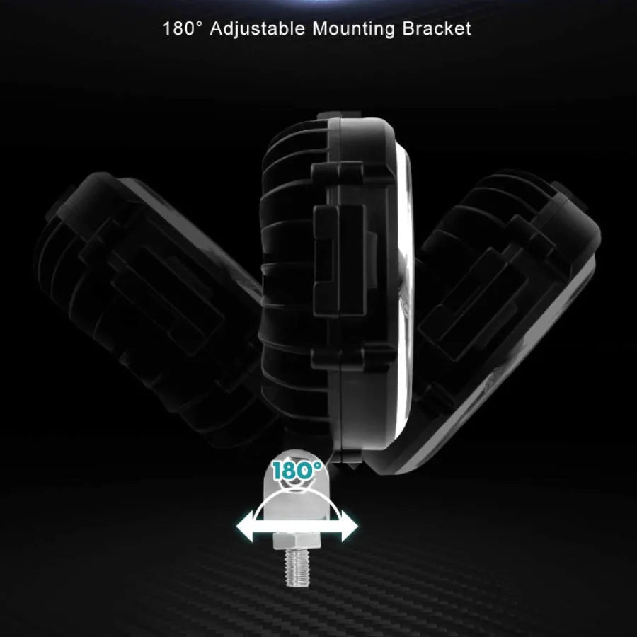 7-inch circular LED car headlight with black die-cast aluminium housing and PMMA lens on dark background