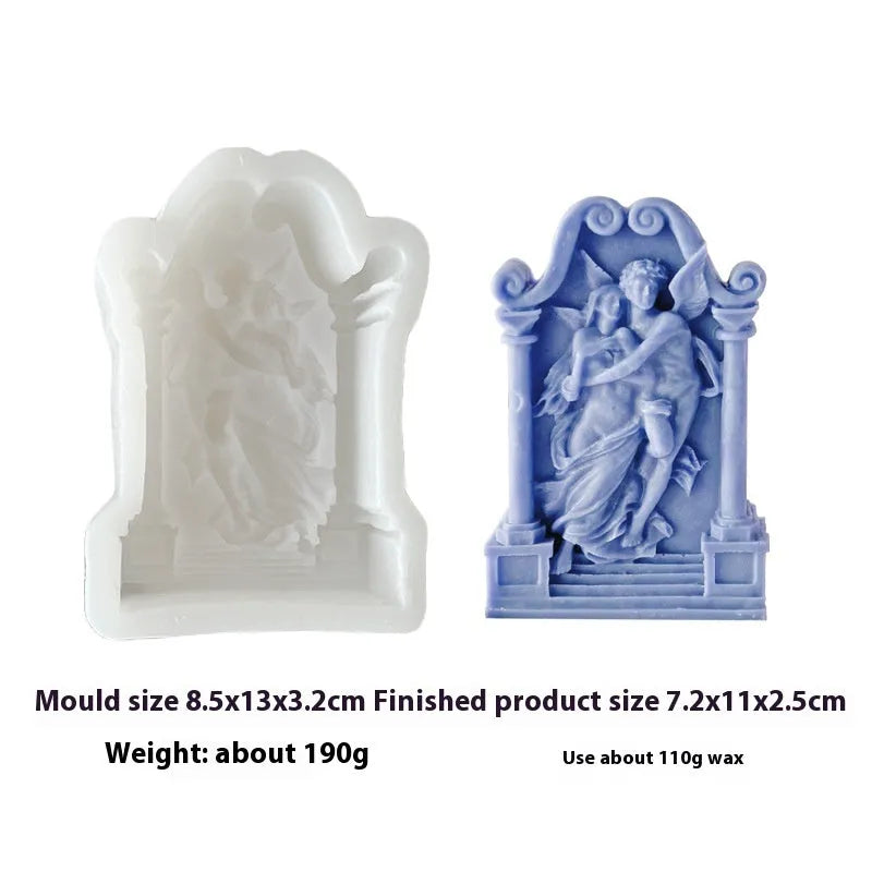 Square elf shaped silicone baking mold for angel aromatherapy candle ornaments and cake decorating on a plain background