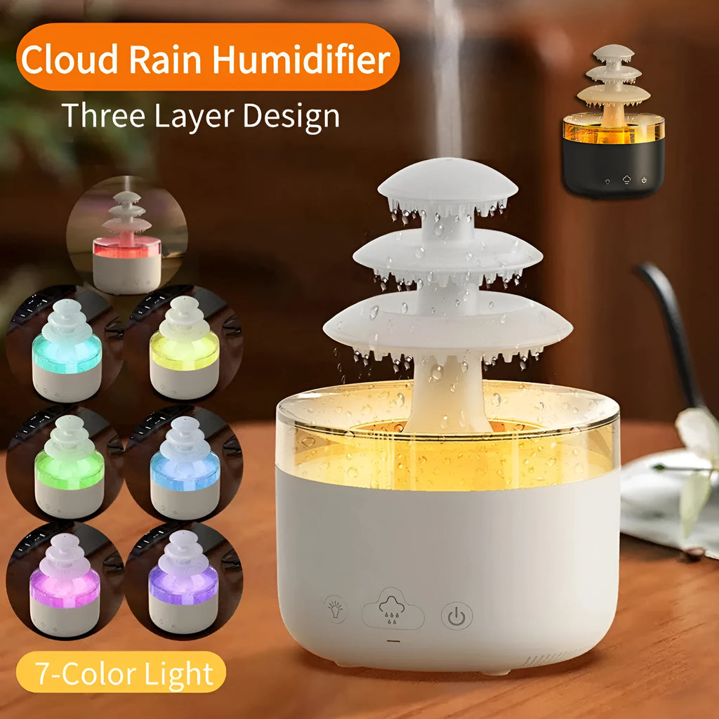 White Cloud Rain ultrasonic humidifier and essential oil diffuser with coloured LED lights on a table.