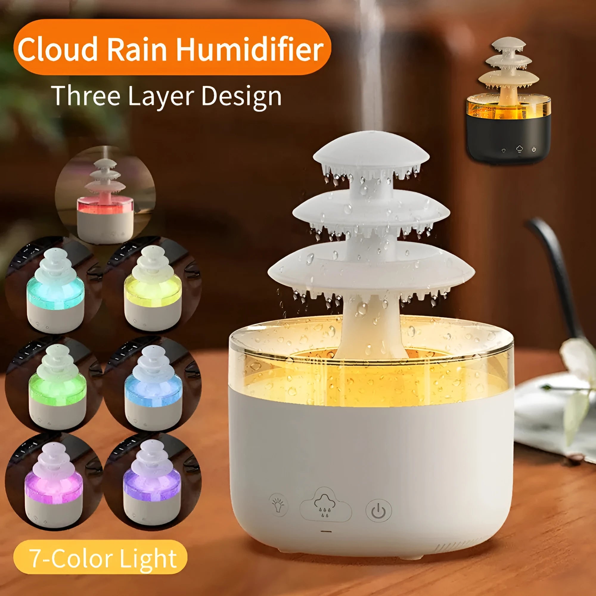 White Cloud Rain ultrasonic humidifier and essential oil diffuser with coloured LED lights on a table.