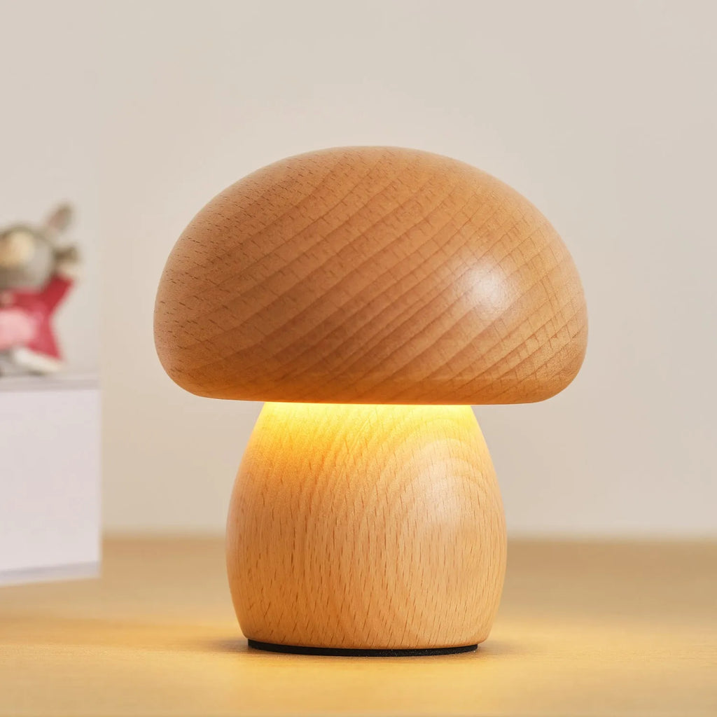 Solid wood mushroom ambience LED table lamp in natural beech colour with button switch