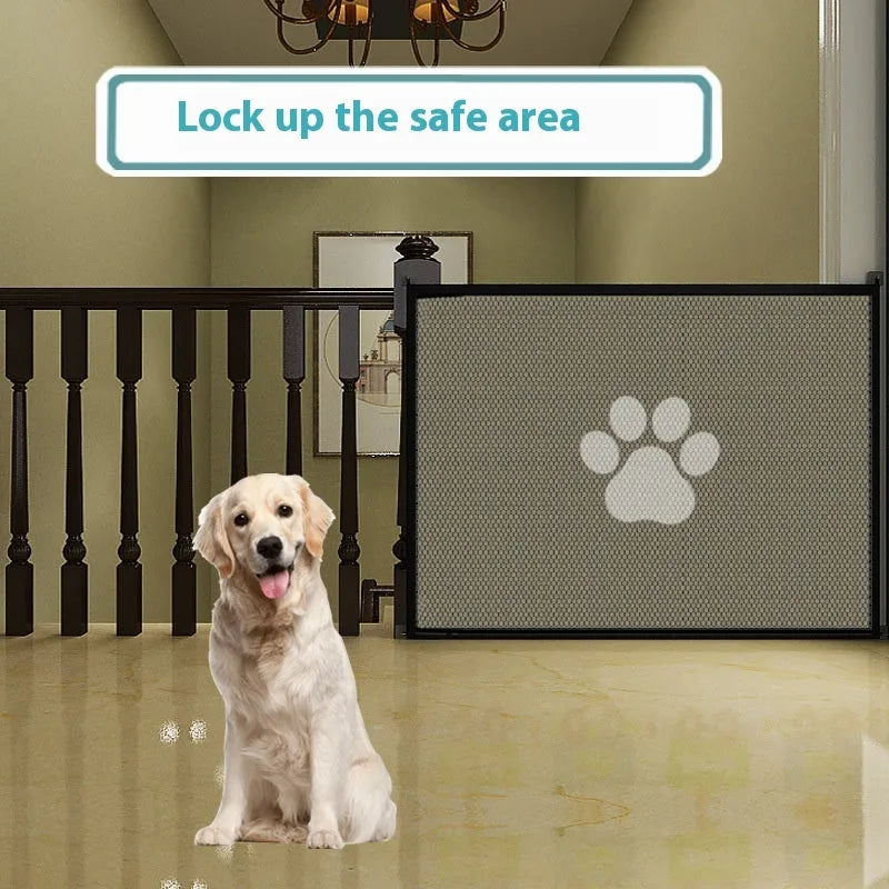 Folding cloth dog barrier fence with plastic rods, shown in dog footprint print, folded and unfolded.