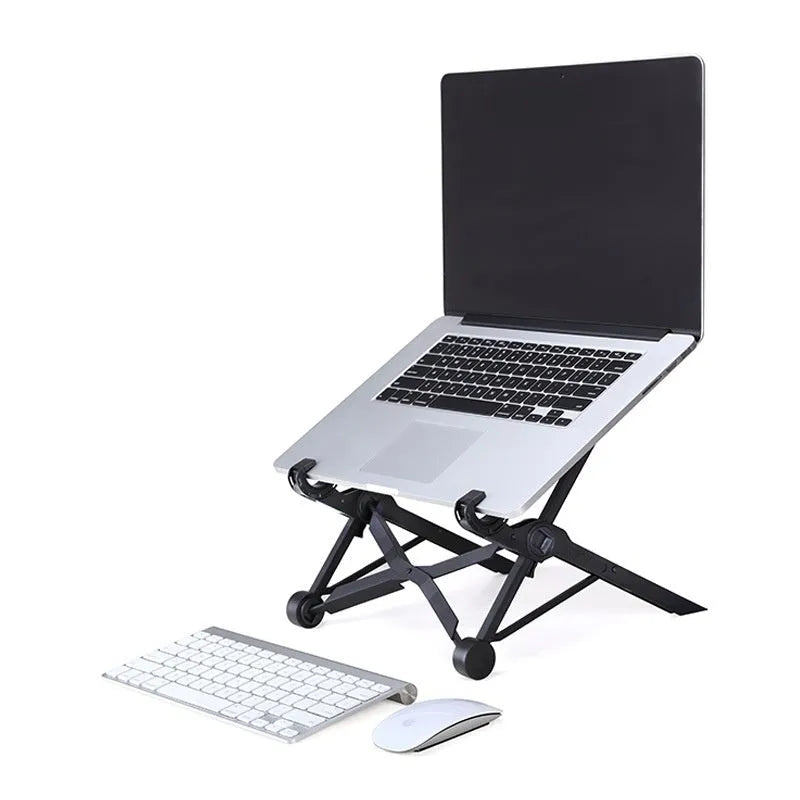 Sagacious black folding laptop bracket stand, shown unfolded to 40cm and next to its carrying case.
