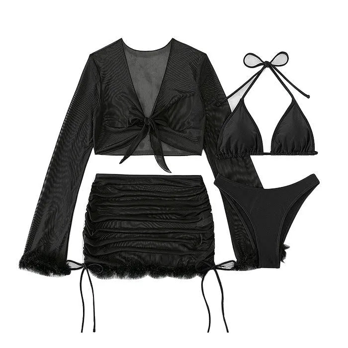 Black women's two-piece bikini swimsuit with long sleeves and briefs for swimming