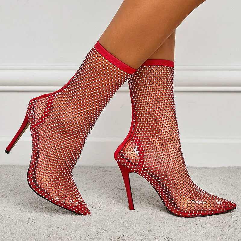 Women's stiletto heel pointed toe hollow mesh boots in black with oversleeve design