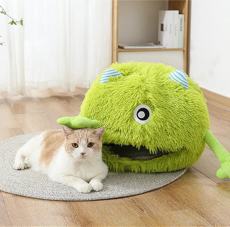 Round soft plush cat bed with non-slip bottom in three size options