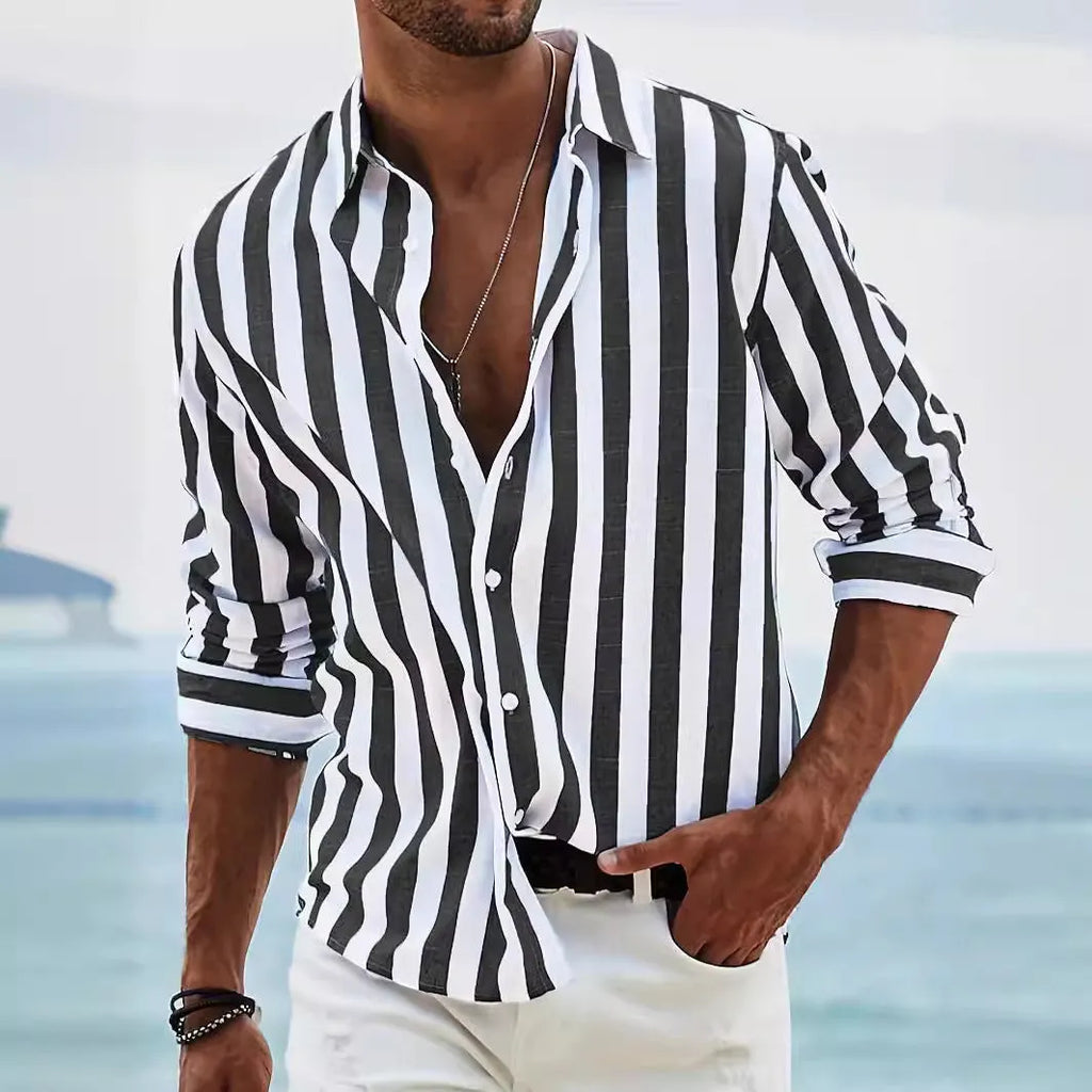 Man wearing a loose-fit yarn-dyed striped long-sleeved casual shirt in light grey.