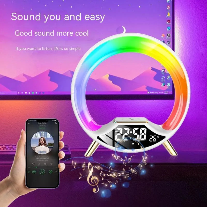 Multifunctional bedside lamp with wireless charging surface, Bluetooth speaker and adjustable night light in black, white or dark green