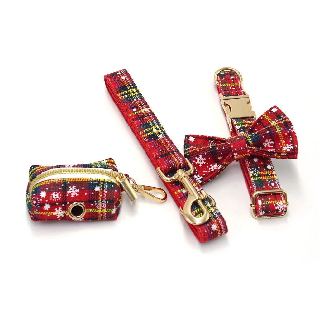 Red Christmas pet collar set with matching traction rope, bow, chest-back harness and waste bag holder