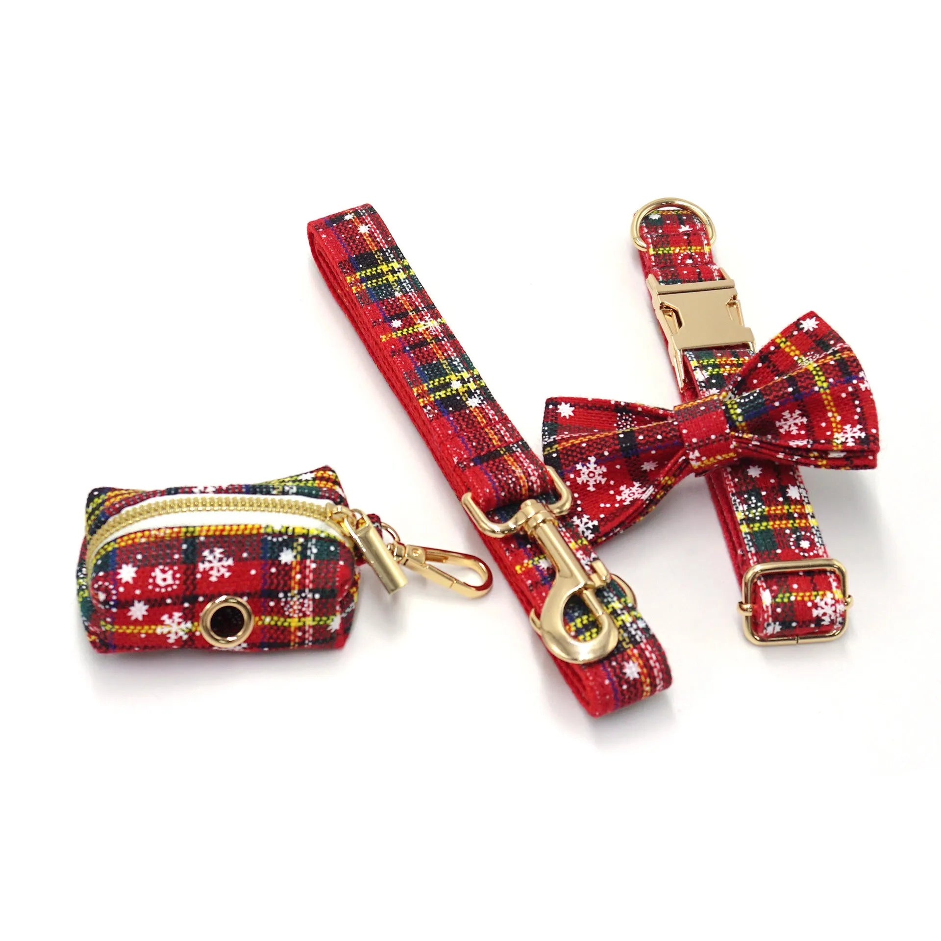 Red Christmas pet collar set with matching traction rope, bow, chest-back harness and waste bag holder