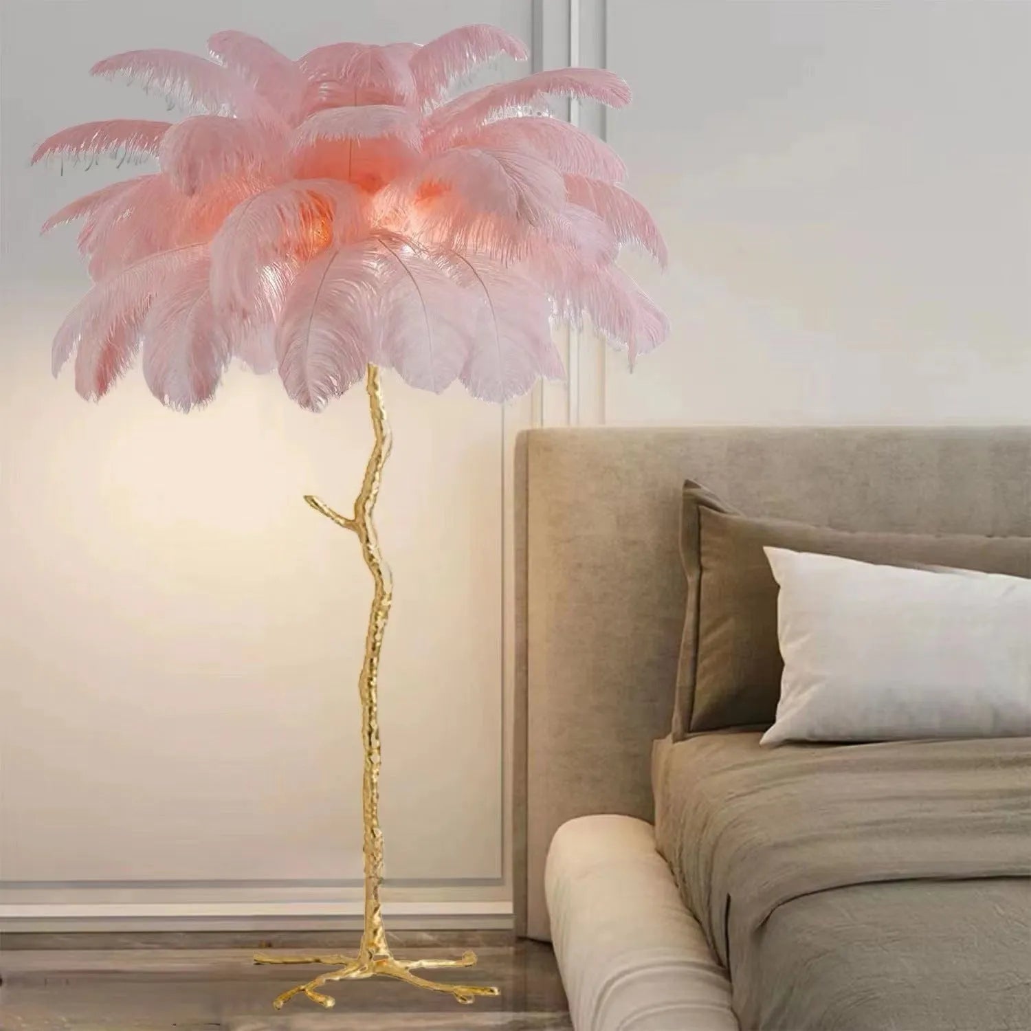 170cm tall decorative floor lamp with resin feathers in dark green, pink or white colours