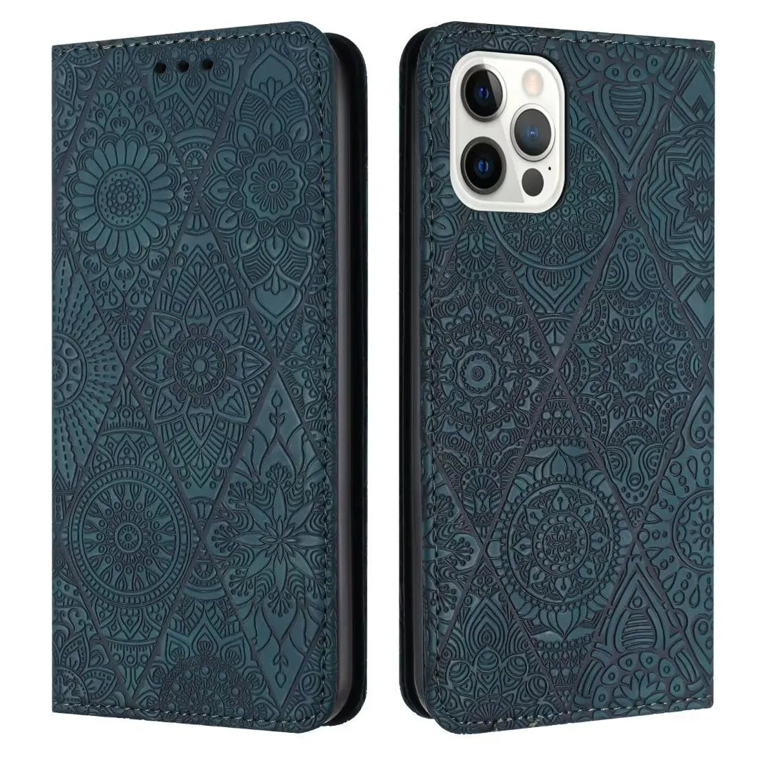 Solid colour retro embossing imitation leather phone case with built-in bracket, available for iPhone models