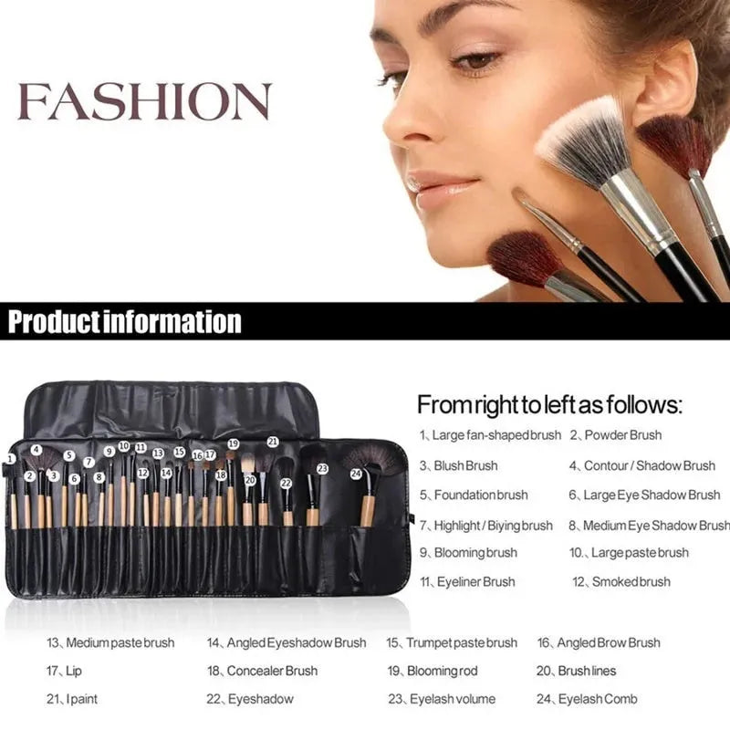24-piece professional makeup brush set with wooden handles in gift bag packaging