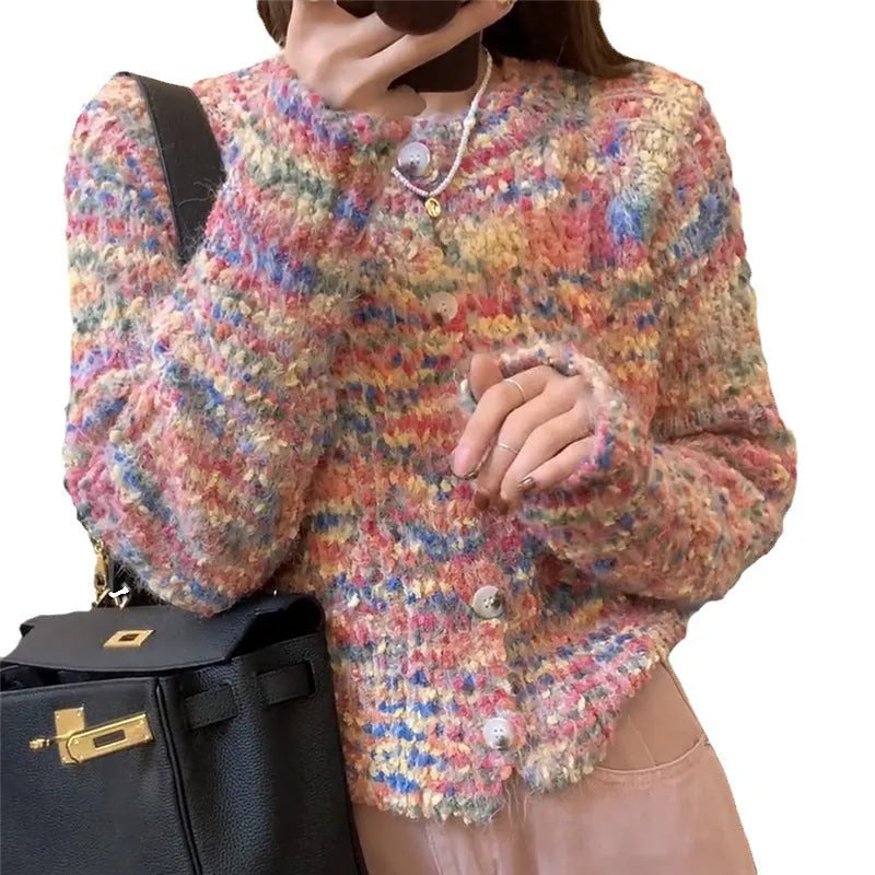 Retro slim fit knitted cardigan sweater in pink and green ice cream colours.