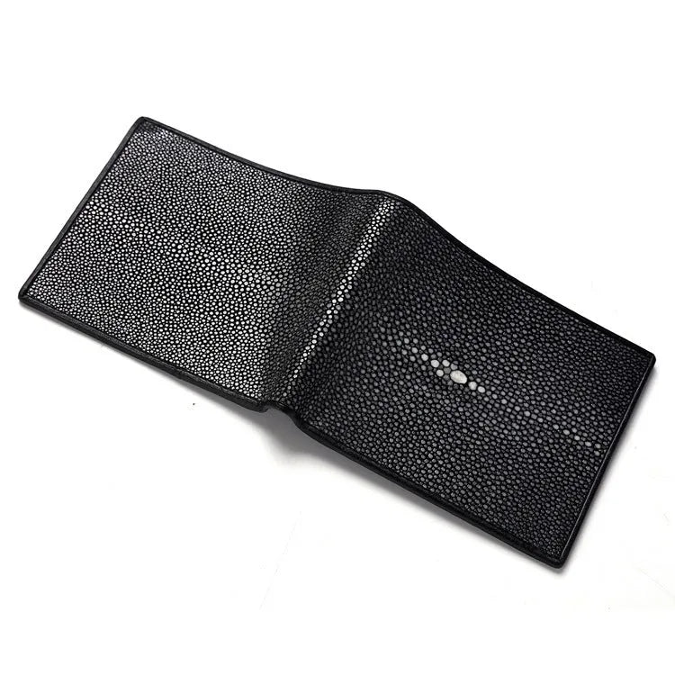 Pearl fishskin texture genuine leather wallet with horizontal square shape and sewing thread detail
