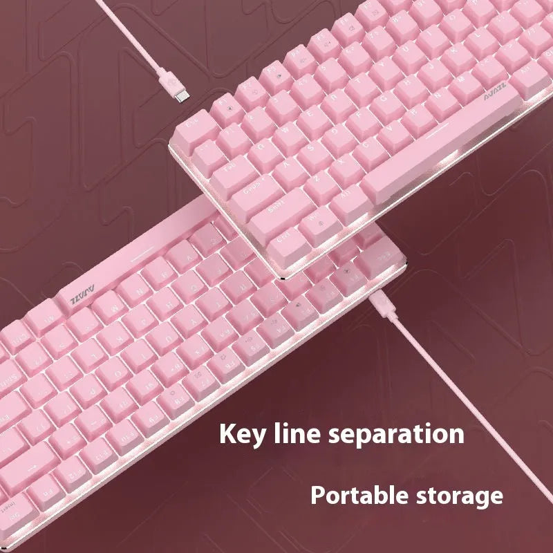 Pink 82-key mechanical keyboard with white backlighting and metal construction for laptop use
