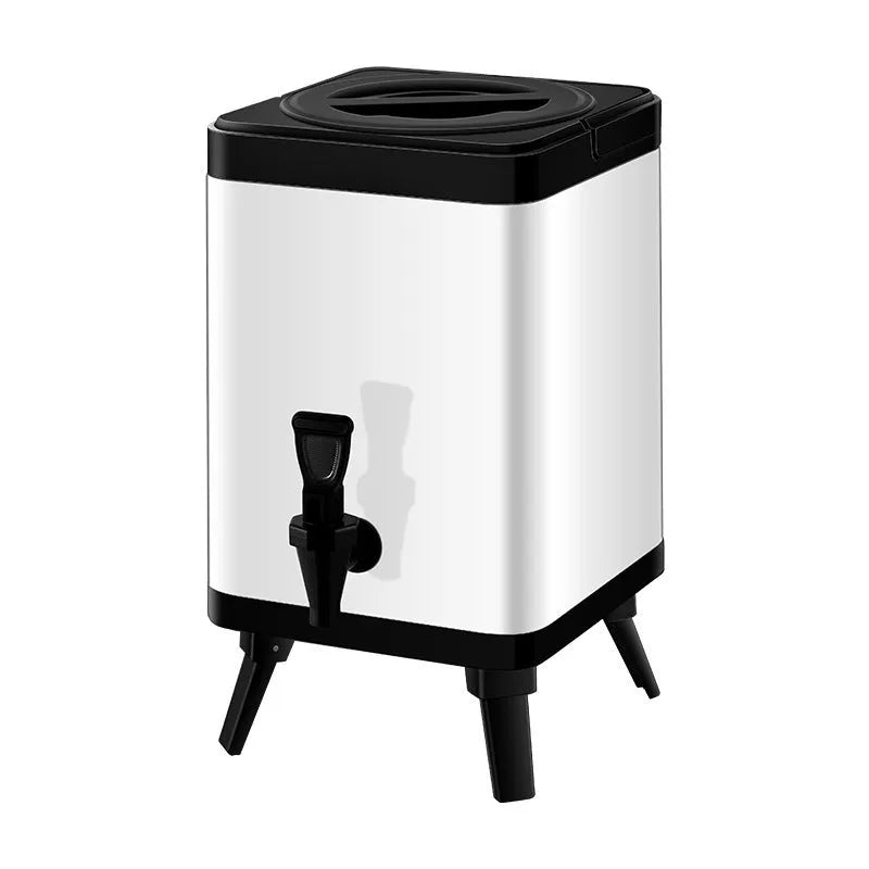Silver stainless steel milk tea bucket with square lock lid showing 8 litre capacity
