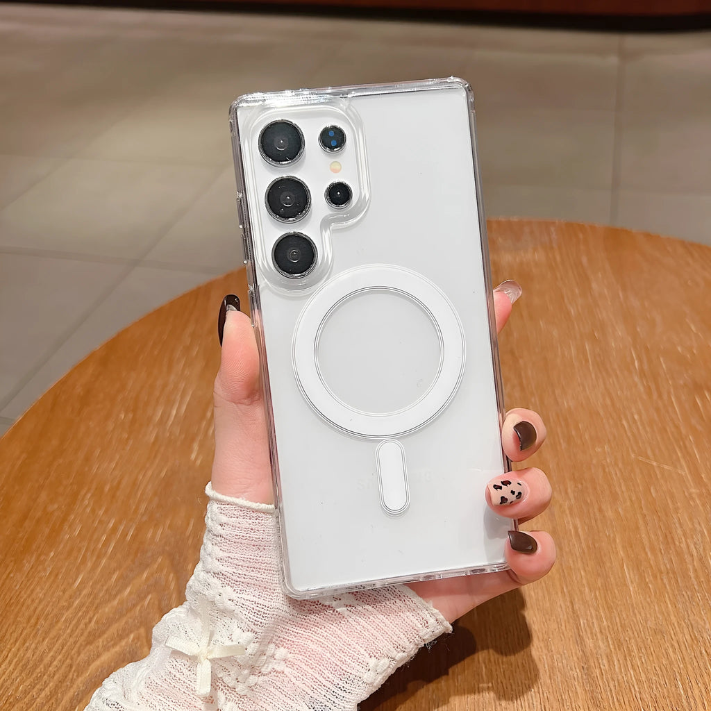 Transparent magnetic silicone phone case for Samsung Galaxy smartphones showing clear design