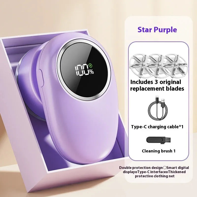 Purple and beige digital display fur ball trimmer with multiple cutter head options