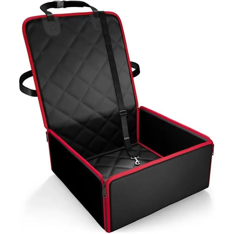 Black car pet seat pad with anti-dirt surface and non-slip base placed on vehicle front seat