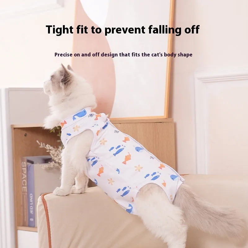 Adjustable velcro cat sterilisation recovery suit in a printed colour design, sizes S M L XL.