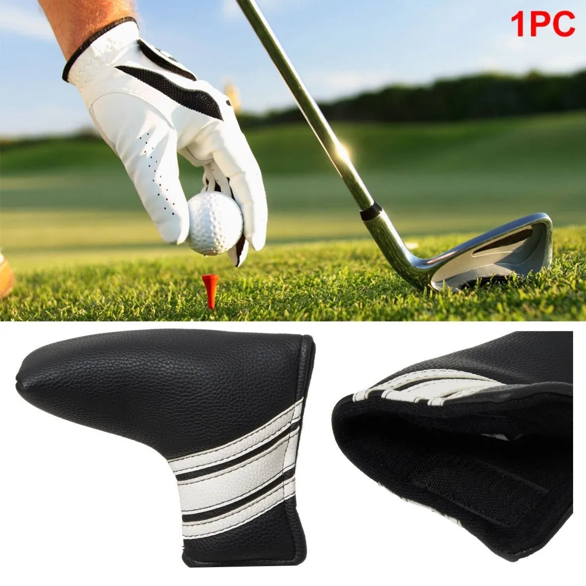 Black PU leather golf club head cover or push rod sleeve for putter protection.