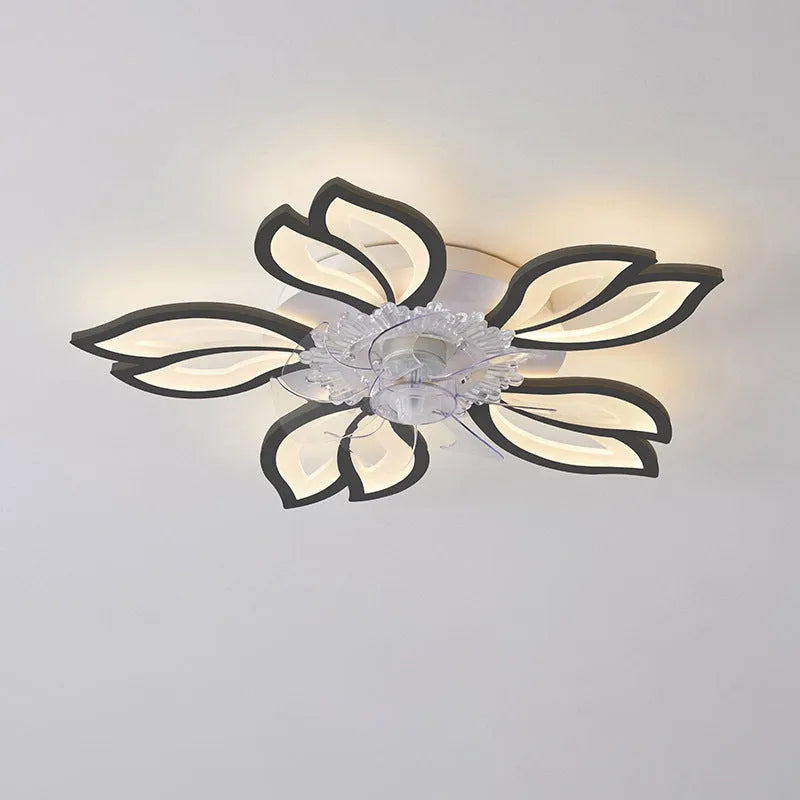 Modern white ceiling fan light with six-blade design and integrated light fitting on a room ceiling.